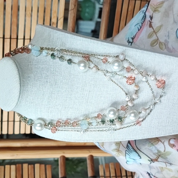 Beads and Baubles Moonstone Faceted Extra Long Necklace Pastel Dual Chain Pearls - Picture 2 of 12